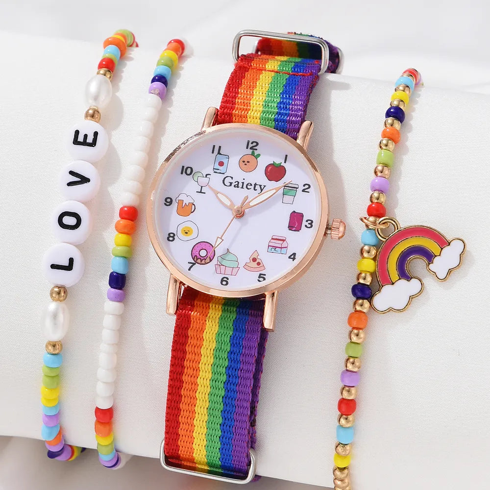 Fashion Luxury Women's Quartz Watches Ladies Rainbow Color Fabric Belt Wristwatch For Women Stylish Dress Reloj Mujer D