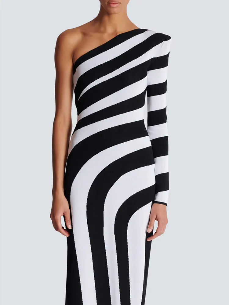 Women Celebrity Sexy One Shoulder Striped Jacquard Maxi Long Split Bodycon Bandage Dress 2024 Elegant Evening Club Party Dress
