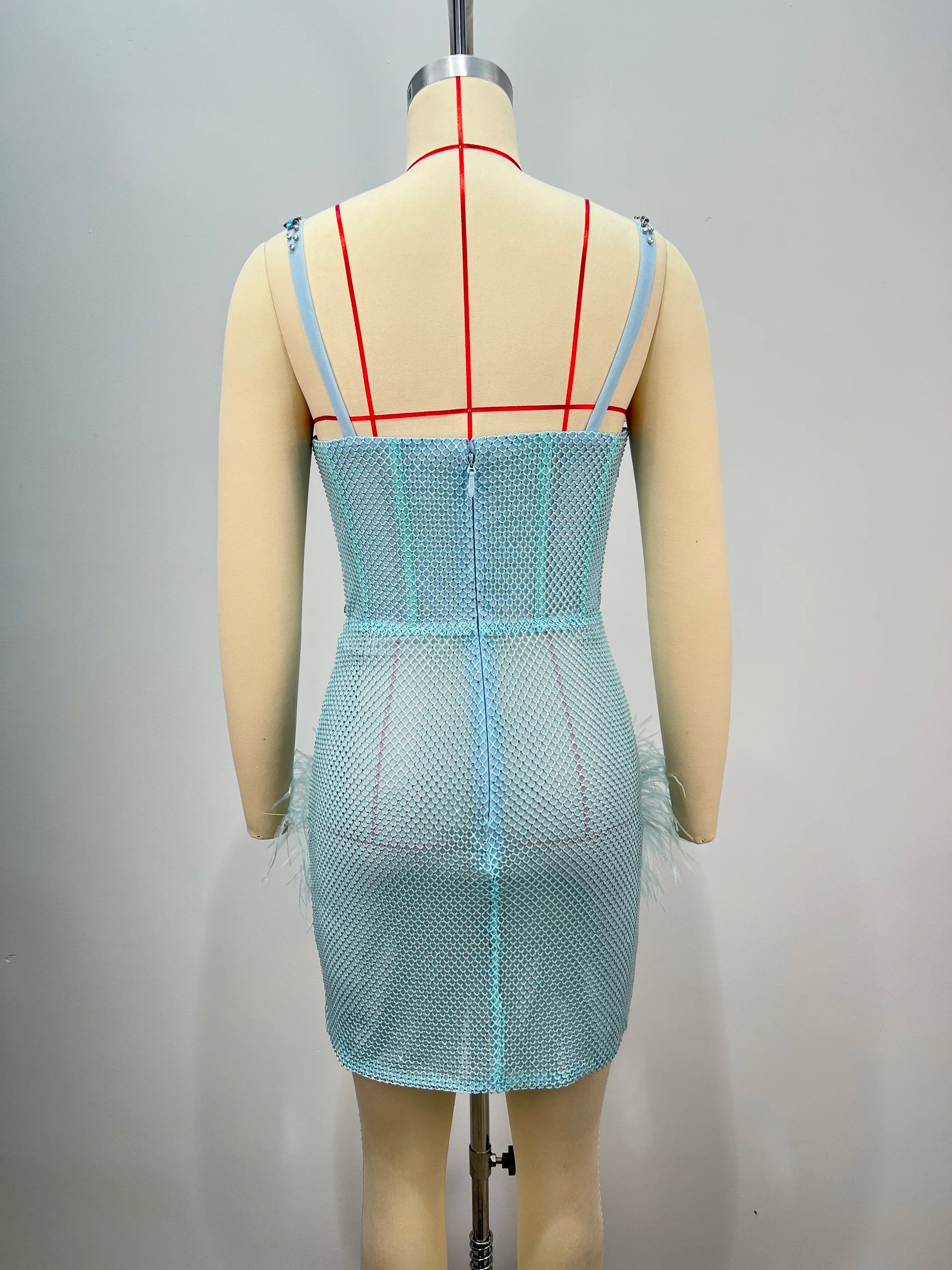 Luxury Feather Dazzling Diamonds Sexy Mesh See Through Light Blue Mini Dress Celebrity Birthday Party Dress Performance Costume