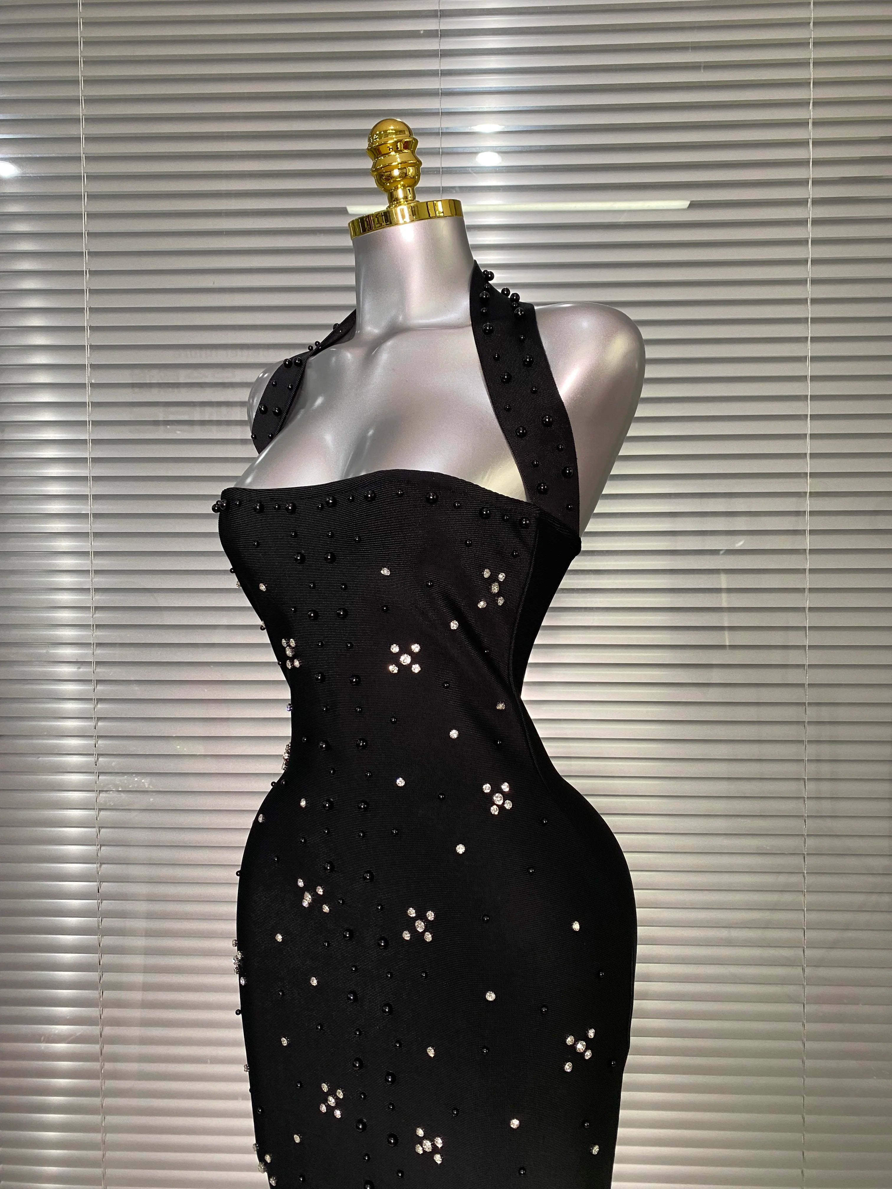 Summer New 2025 Women Black Halter Long Bodycon Bandage Dress Crystal Beaded Backless Evening Party Dress Vestido