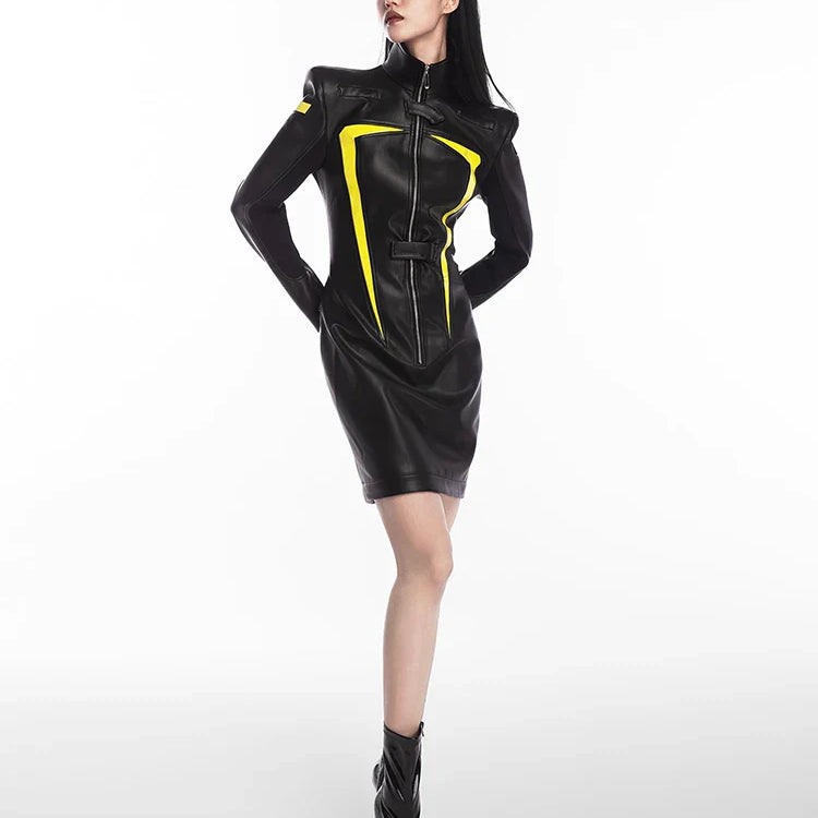 Spring Autumn Cool Red and Black Patchwork Faux Leather Maxi Dress Women with Detachable Hem Luxury Designer Clothing