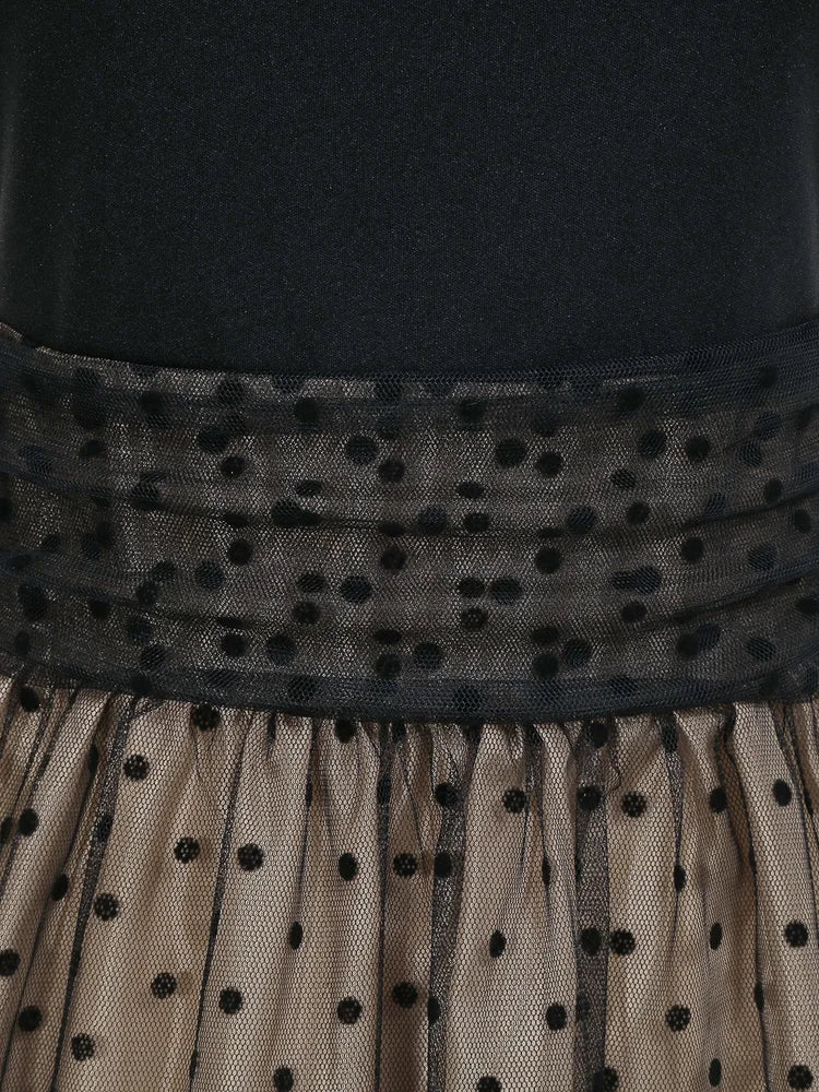 Tonval Round Neck Ruched High Waist Vintage Dot Mesh Overlay Pleated Dress Women Short Sleeve Evening Elegant Party Midi Dresses