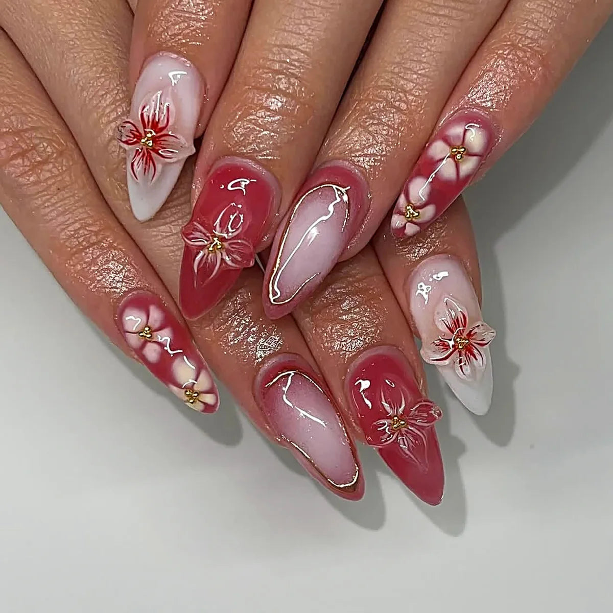 24Pcs Mid-length Almond Press on Fake Nails 3D Ripple Heart Pearl Star False Nails Blue Smudge Detachable Full Cover Nails Tips