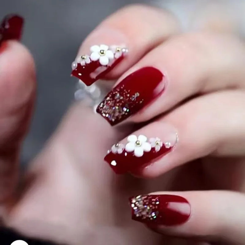 24pcs/Box Press on Nails French Square Head with Flowers False Nail Wearable Glitter Diamond Fake Nails Full Cover Nail Tips Art