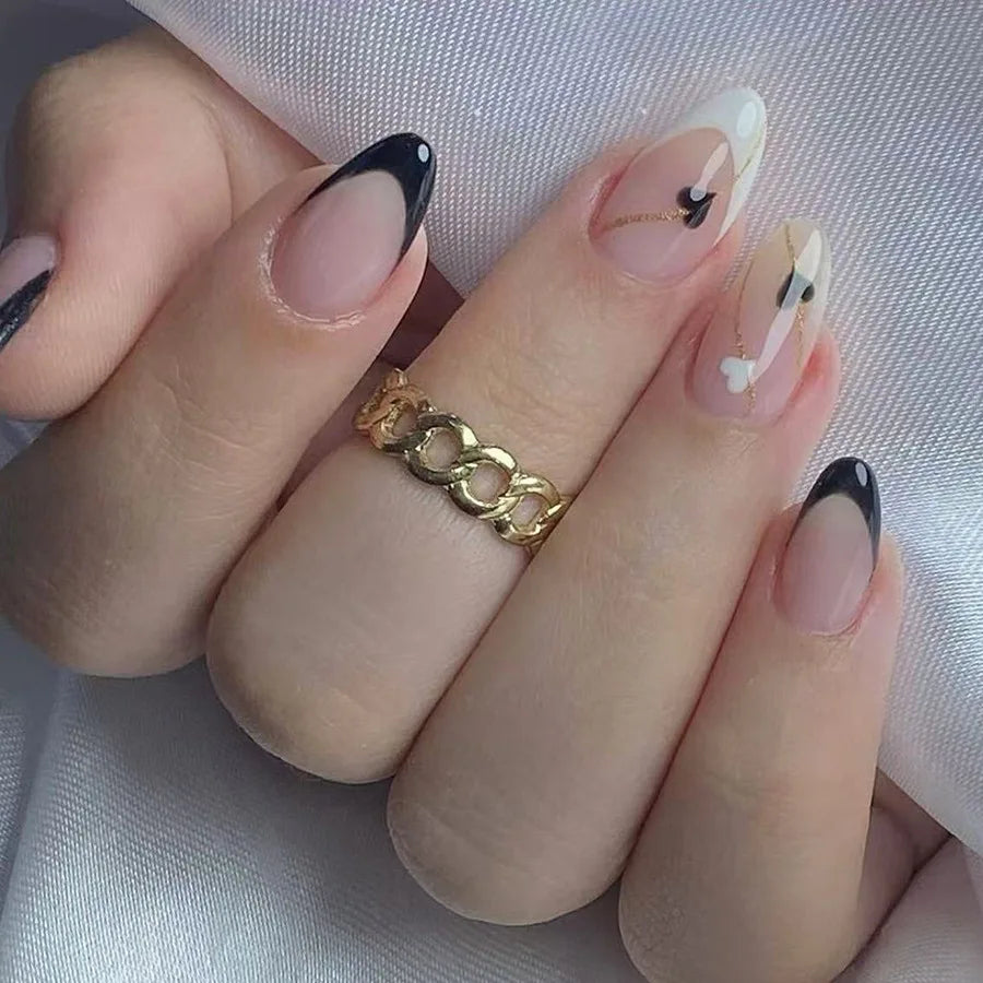 24Pcs Simple Glitter False Nails with Glue Short Oval Almond Fake Nails Yellow Crescent Full Cover Nail Tips Art Press on Nails