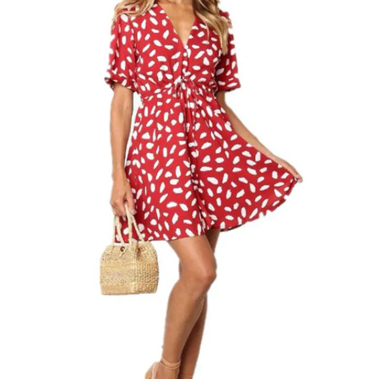 White Sand Spot Mini Summer Dresses Women V Neck Casual Beach Sundress Sexy Botton Wrap Bodycon Dress Female Red