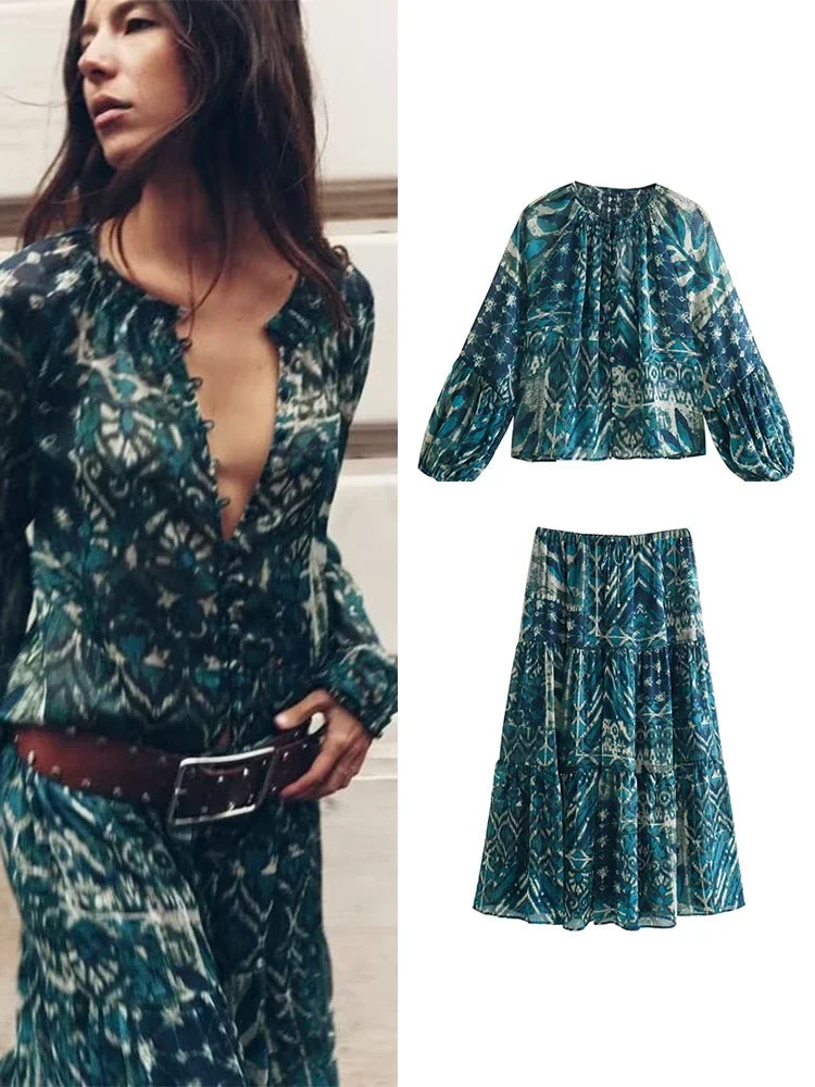 TRAF New Women Long Skirt Set Casual Long Sleeve Print Shirts + High Waist Slim Ankle-Length Skirts Set