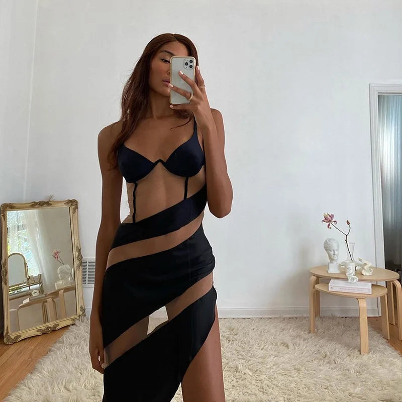 Vestido curto sexy transparente com patchwork para mulheres, robe com alças finas, sem mangas, costas nuas, justo, vestido de festa