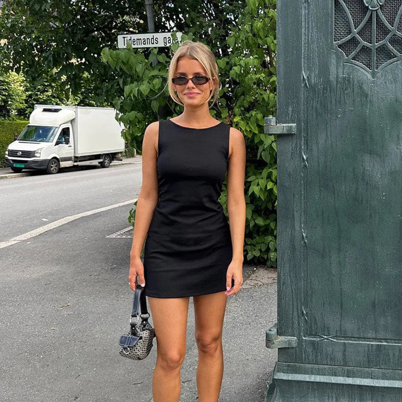 Solid Basic Mini Dress for Women Fashion O-neck Sleeveless Bodycon Summer Dress Female Casual Slim Holidays Party Dress Black