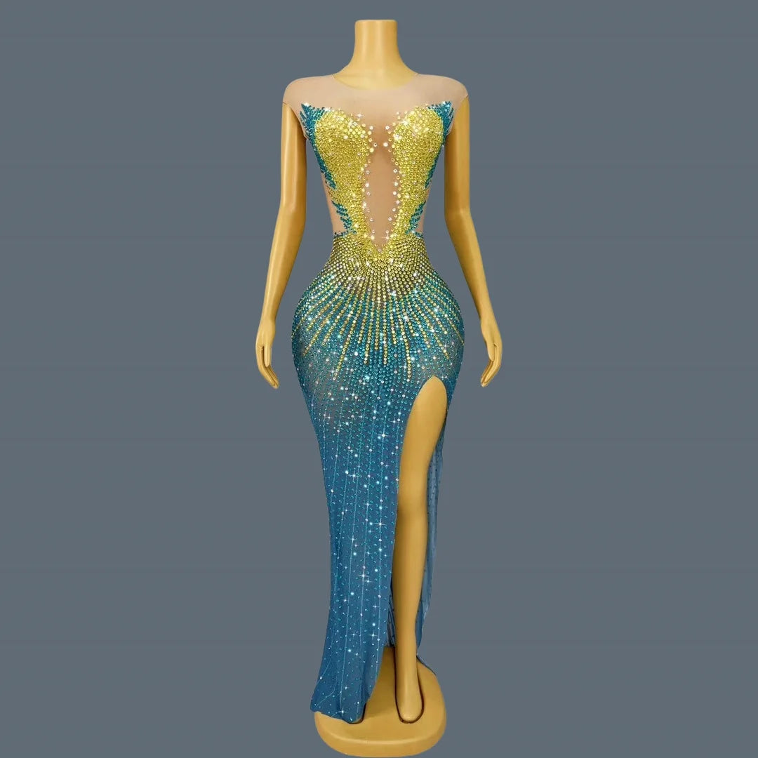 Sparkly Rhinestone Sheer Long Dress With High Side Slits Evening Gown Cocktail Party Club Singer Maxi Dress Ball Dress kongqueyu