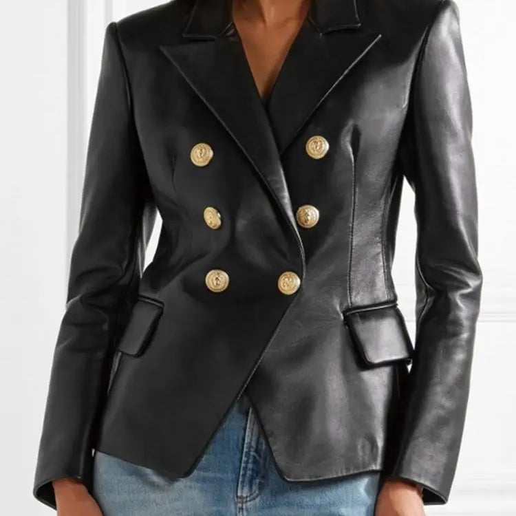 Solid Work Outerwear Women PU Leather Jacket Autumn Buttons Thin Blazer Vintage Long Sleeve Casual Lapel Collar Coat black