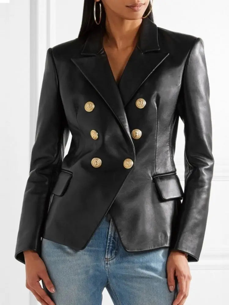 Solid Work Outerwear Women PU Leather Jacket Autumn Buttons Thin Blazer Vintage Long Sleeve Casual Lapel Collar Coat black