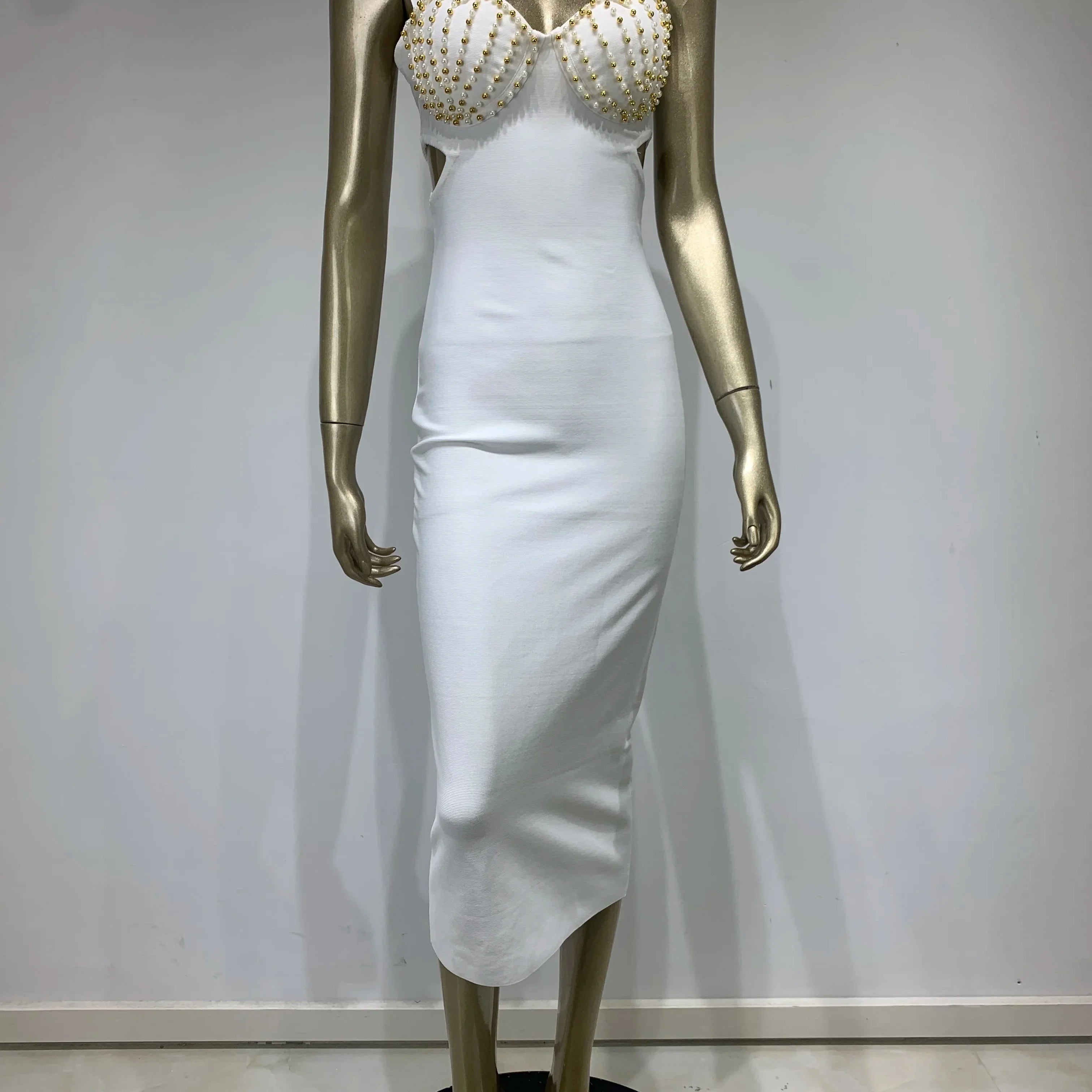 New Summer Women Sexy V Neck Beading White Black Bodycon Midi Bandage Prom Dress Elegant Evening Cocktail Party Dresses