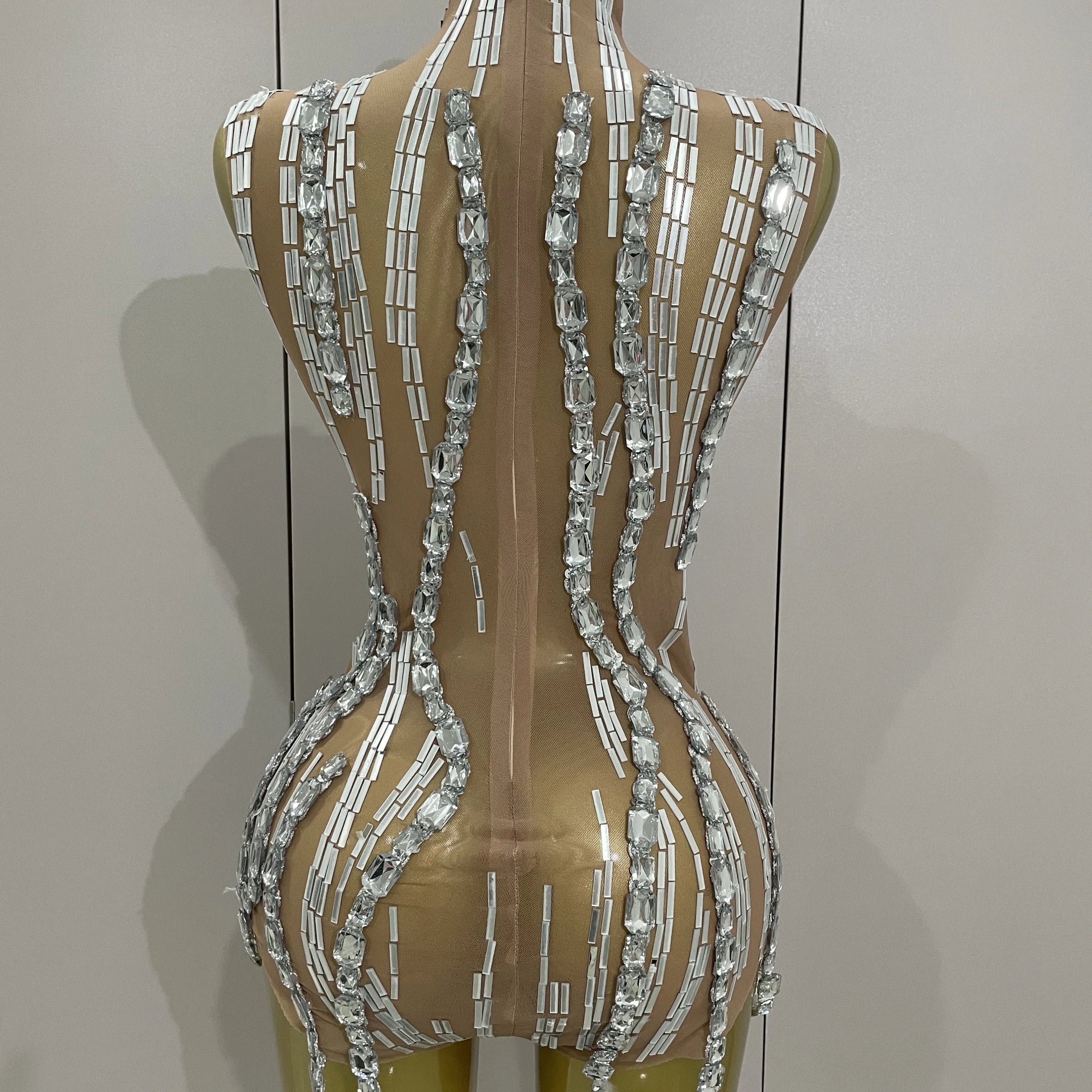 Sparkly Rhinestone Chain Sexy Transparent Sleeveless Bodysuit 2025Women Party Nightclub Team Performance Costume Show Stage Wear