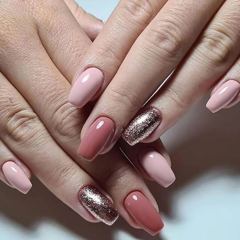 24pcs/set Glitter fake nails for women girls super flash sparkling gradient pink black tips faux ongles press on false nail art