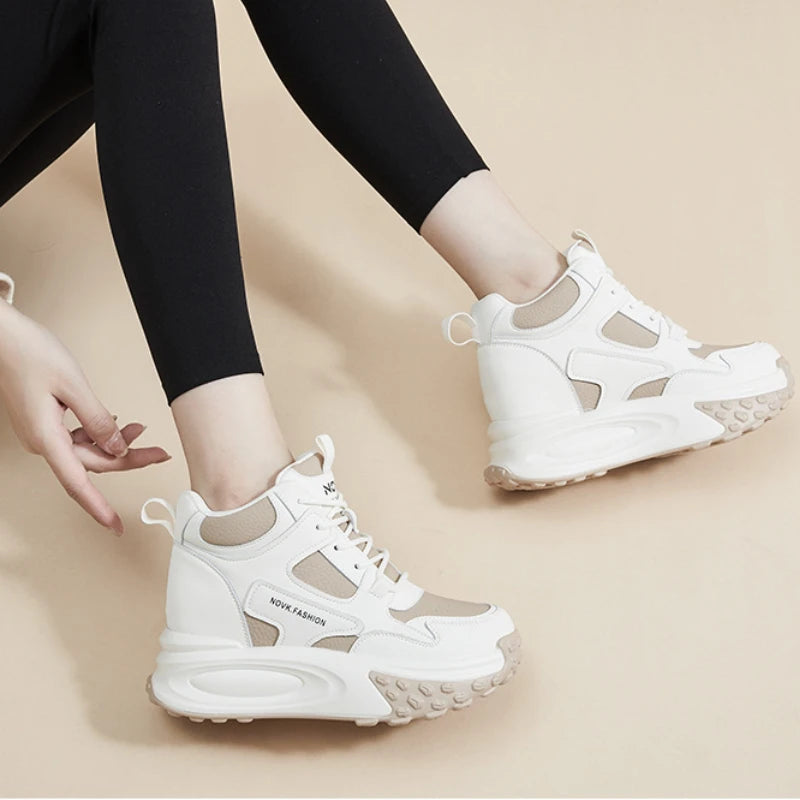 Fujin 8.5cm Cow Genuine Leather Thick Soled Spring Platform Wedge Chunky Sneakers Women Autumn Fashion Hidden Heels Ladies Shoes