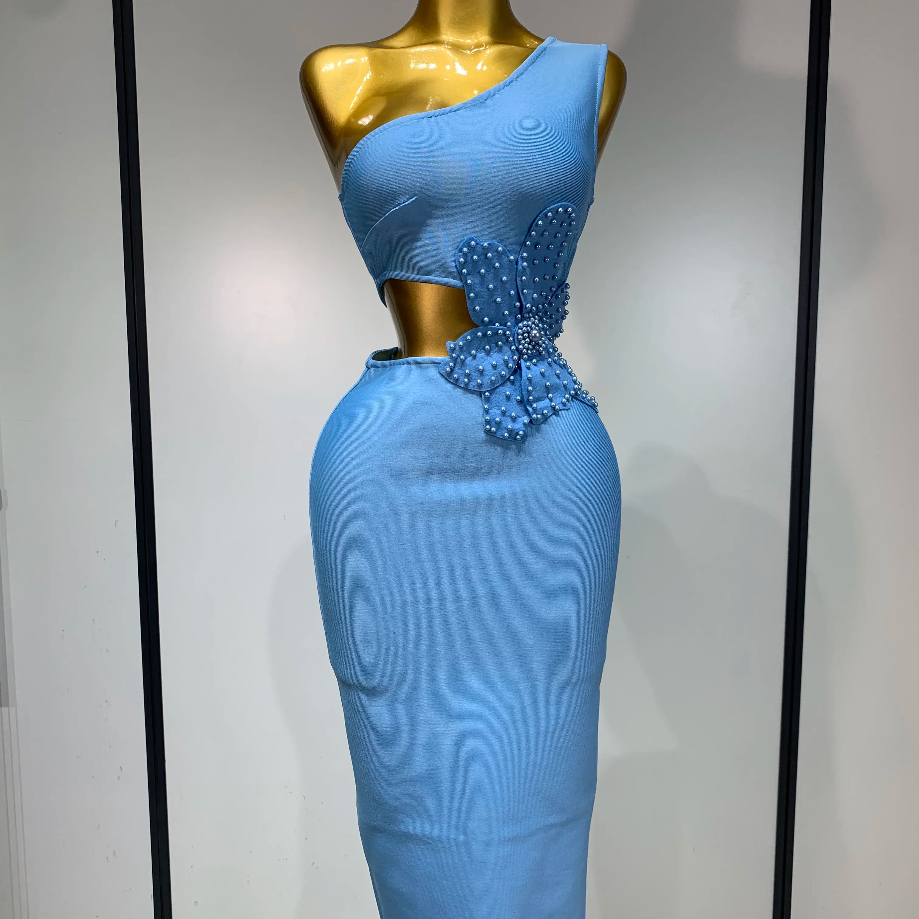 Vestido bandagem sexy e luxuoso de aniversário, um ombro, pérola, azul-celeste, bodycon, celebridade, elegante, festa noturna, traje para clube, 2025