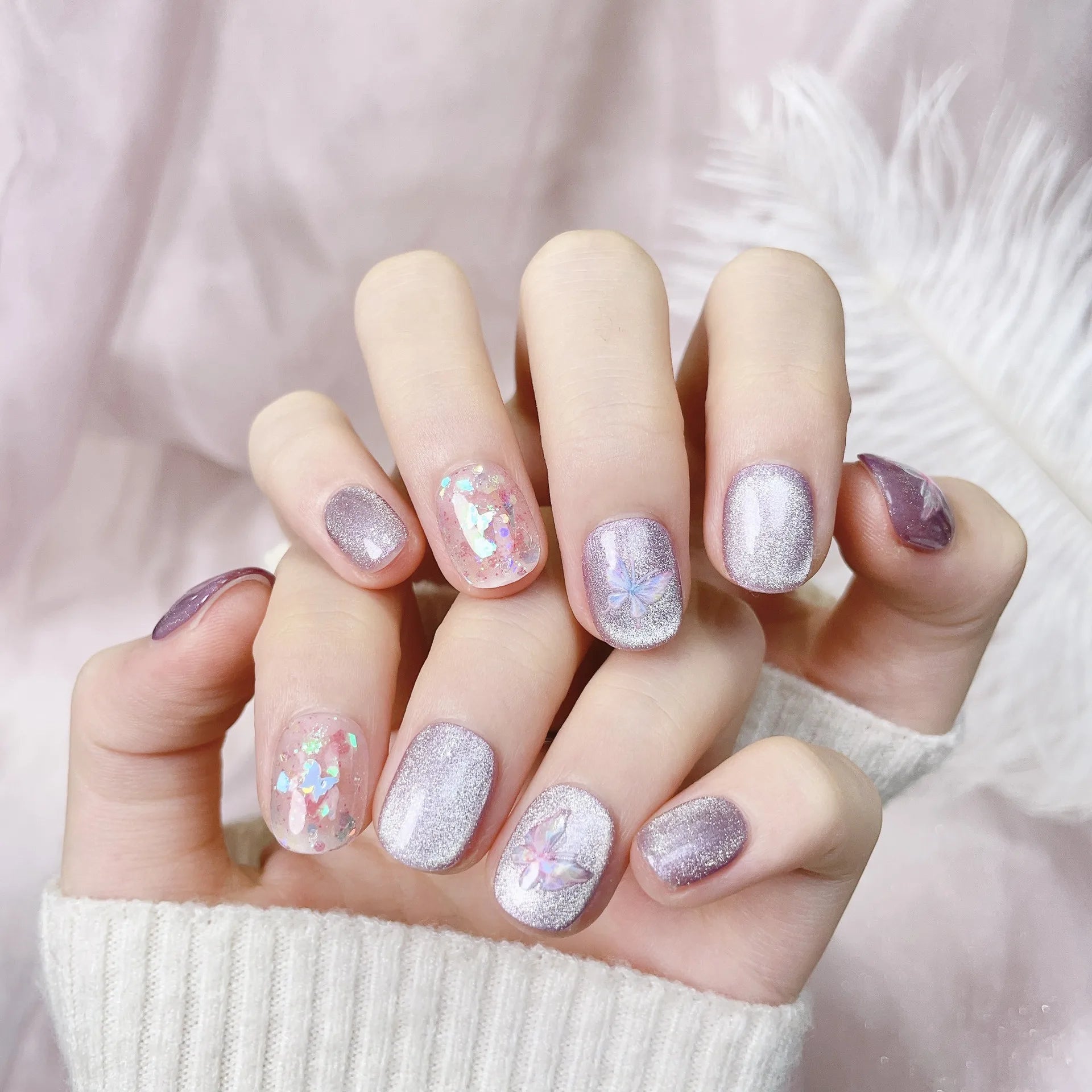 10pcs Pink Handmade Press on Nails Art Cute Cat's Eye Short Square Round Fake Nail Tips Wearable Cat Bow Design False Nails Sets