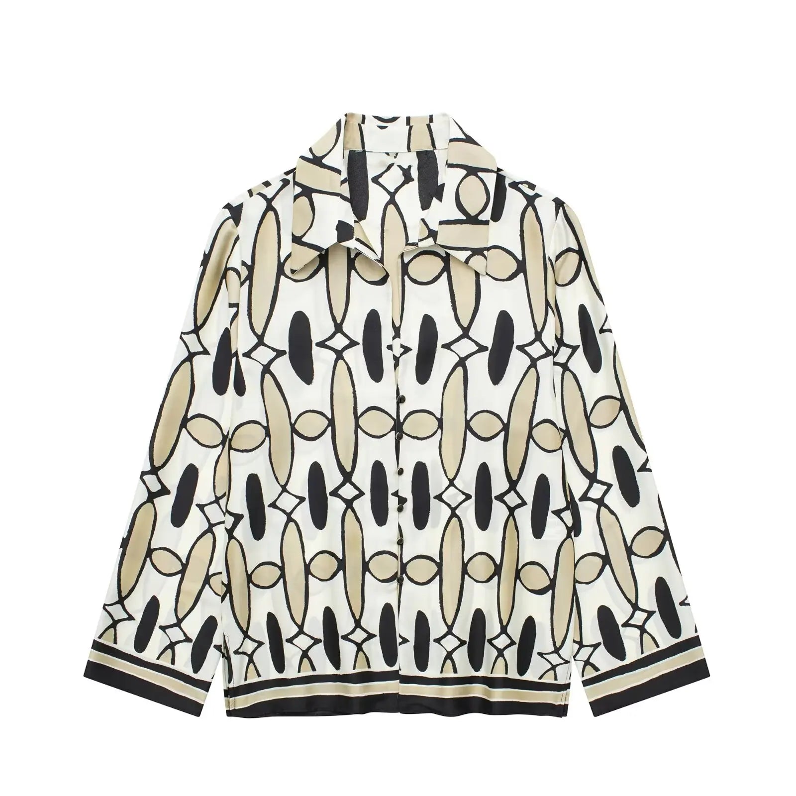 TRAF Women 2 Pieces Set Casual High Waist Pockets Elastic Waist Wide Leg Pant+Chic Printed Lapel Long Sleeve Shirt Blouse Print Top