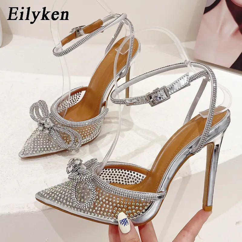 PVC Transparent Women Pumps Sexy Butterfly-knot CRYSTAL High Heels Pointed Toe Wedding Prom Sandals Spring Shoes