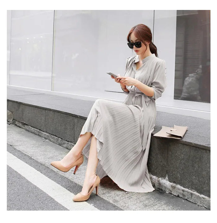 Elegant Chiffon Long Sleeve Shirt Dress Korean Fashion Women Belt Lace Up A-line Pleated Maxi Dress 2023 Fall Clothes Streetwear Light grey