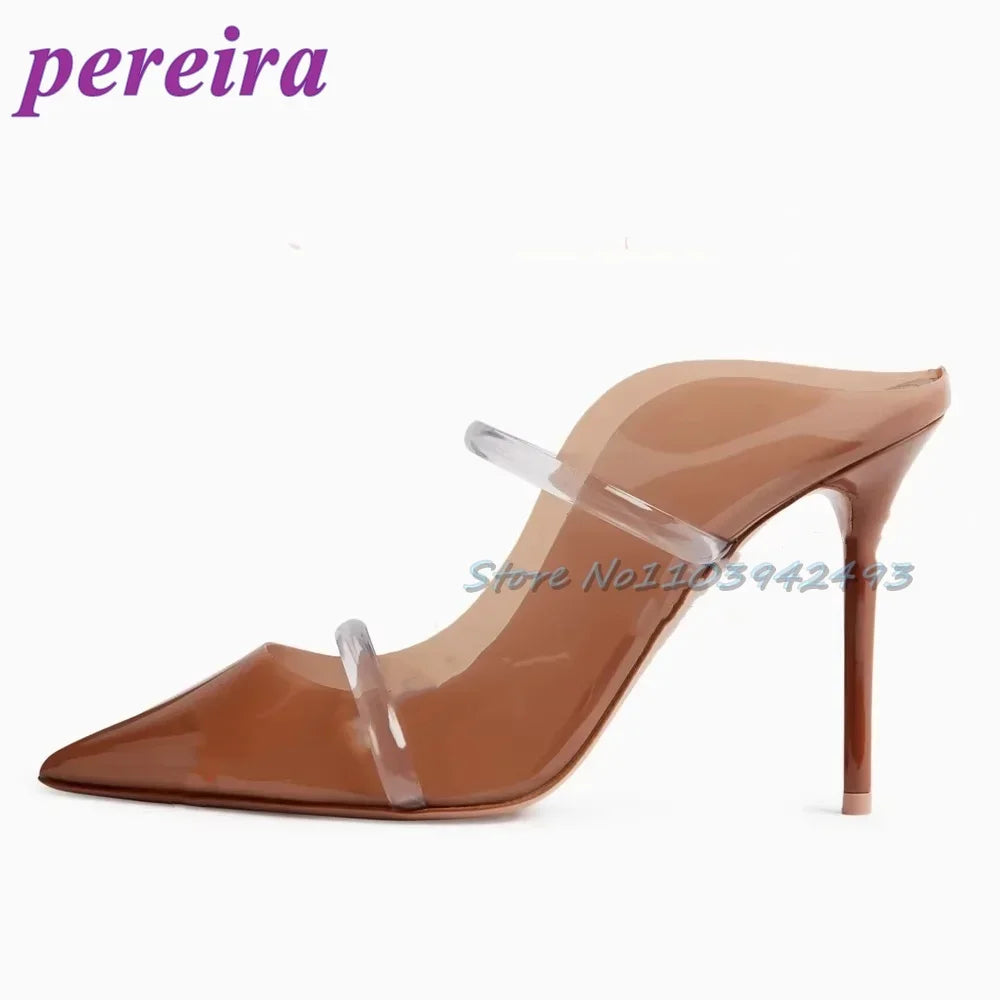 Transparent Blue PVC Sandalias De Mujer Pointed Toe Heeld Sandals Shallow Strappy Heels Women Luxury Designer Shoes 2025 Mules