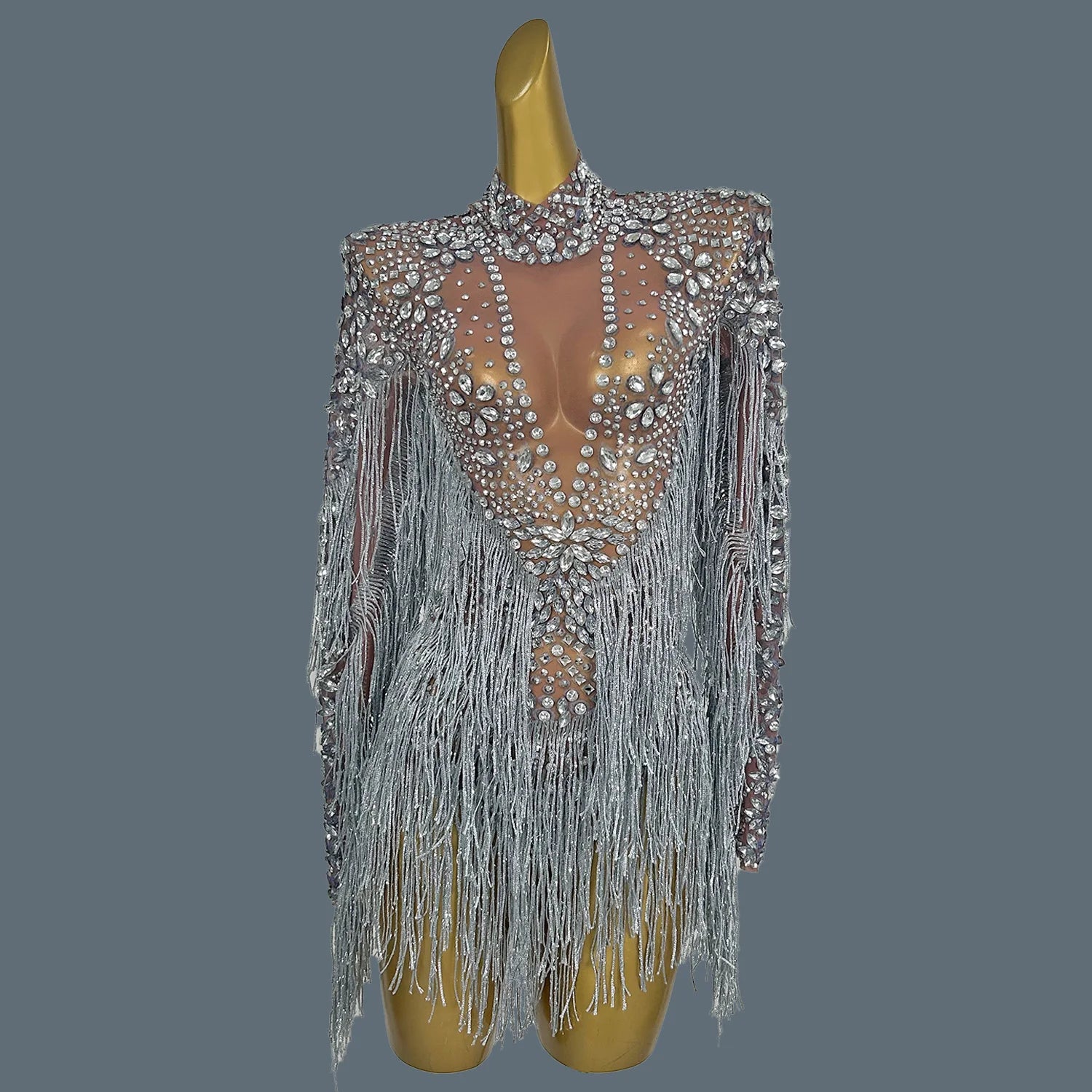 Shining Silver Tight Bodysuit Performance Dancer Costume Women Sexy Mesh Stretch Sequins Fringes Nightclub Stage Outfit Shenhui