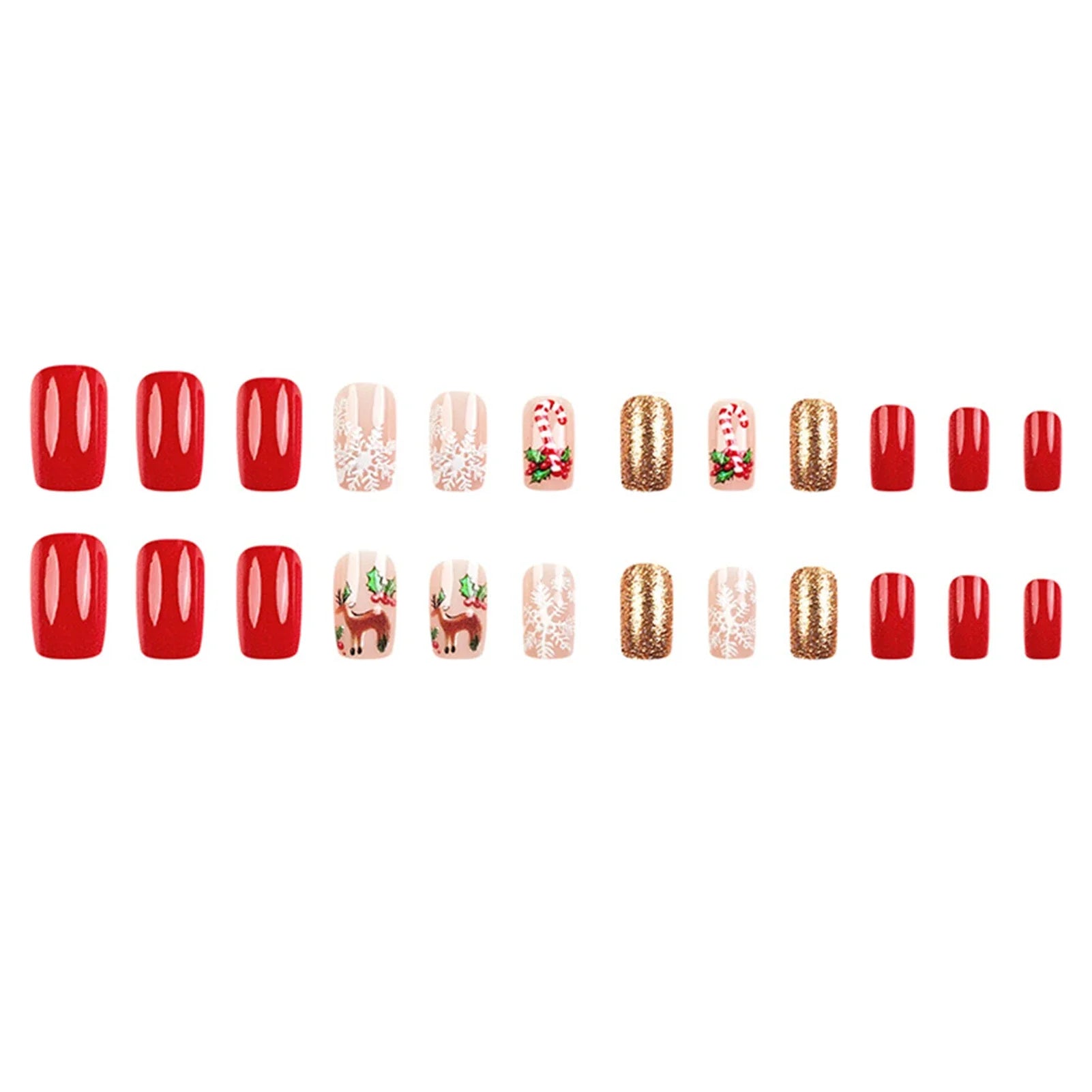 New Year Party Fake Nails Art 24Pcs Red Short Square Press On Nails Deer/Snowflake Printed Christmas False Nails Patches