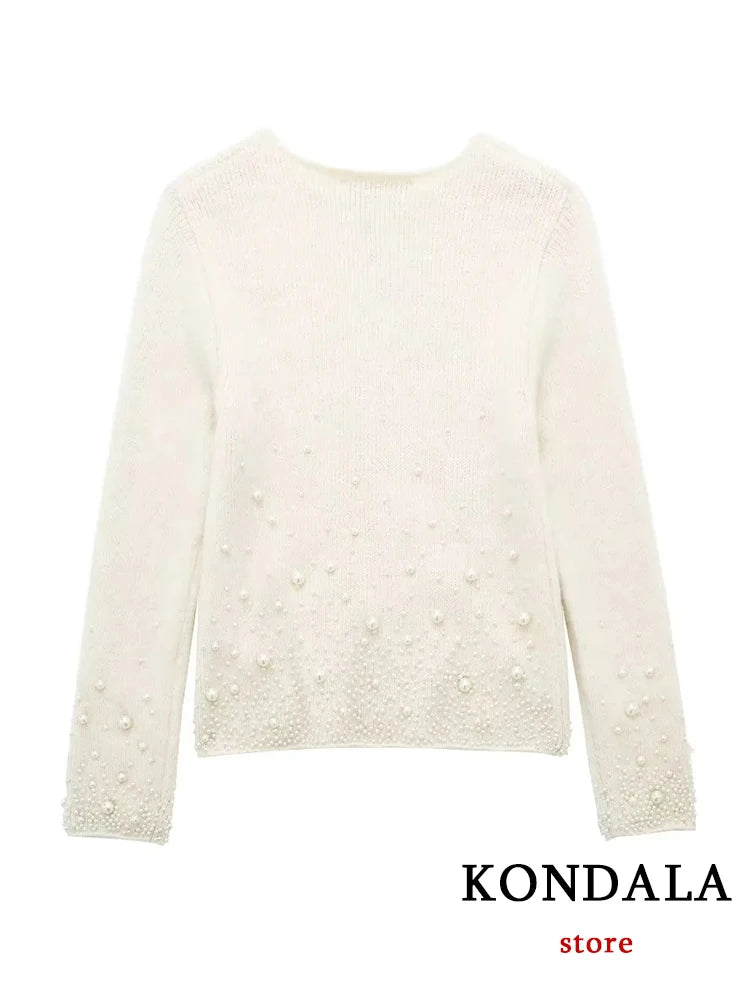 Vintage Knitted Pearl Women Suits Long Sleeve O Neck Thick Sweater+High Waist Knit Skirts Fashion Elegant Women Set