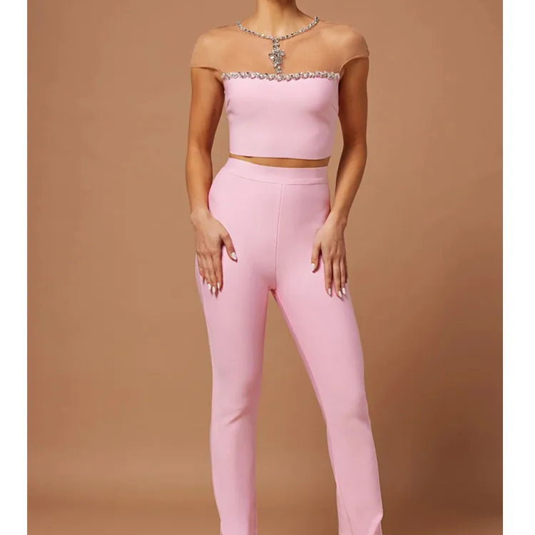 Women Luxury Sexy Mesh Crystal Beading Pink Two Piece Pants Bandage Set 2023 Celebrity Designer Fashion Women's Set
