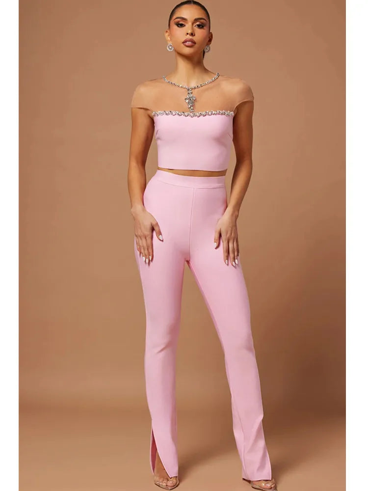 Women Luxury Sexy Mesh Crystal Beading Pink Two Piece Pants Bandage Set 2023 Celebrity Designer Fashion Women's Set