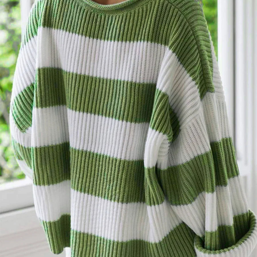 Women Stripe Print Cable Knit Round-Neck Long Sleeve Sweaters Fall Winter Loose Sweater Thick Cozy Chunky Knitwear