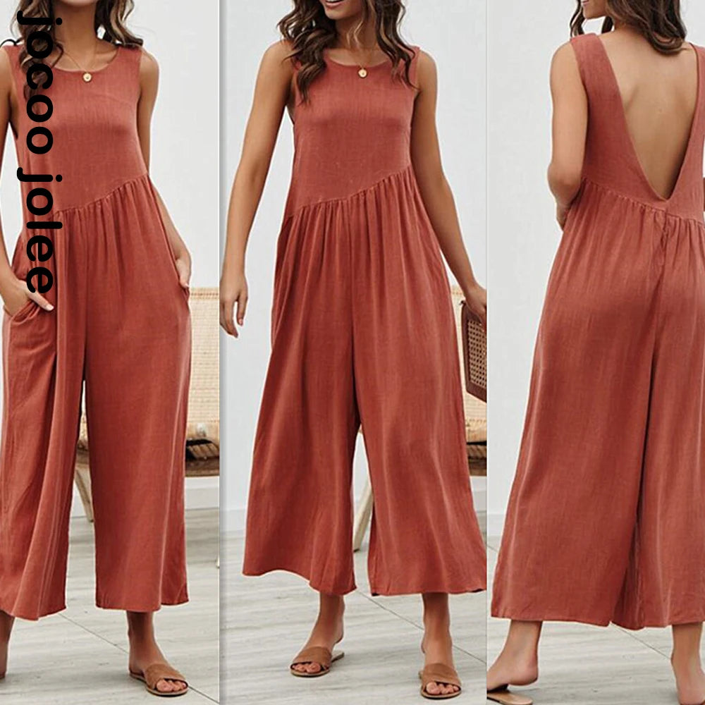 Women Casual Loose Long Jumpsuit Summer Solid Strap Wide Leg Jumpsuit Tie Up Backless Solid Color Vacation macacao feminino