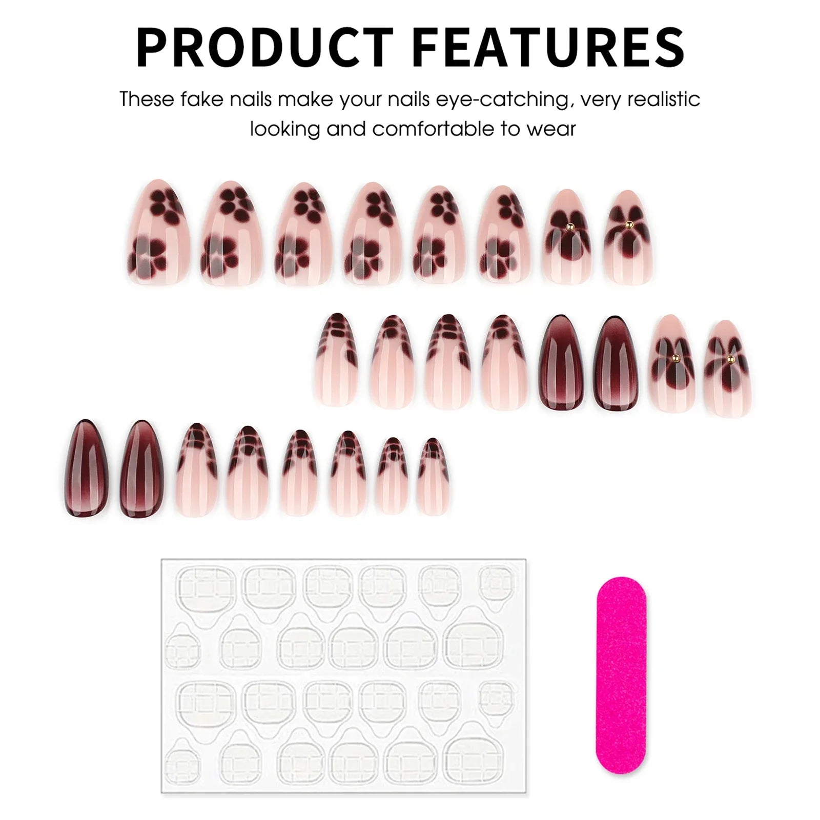 Autumn Fake Nails for Women DIY Manicure 24Pcs Almond Press On Nails Flower Printed Full Cover Acrylic Stick-on False Nails