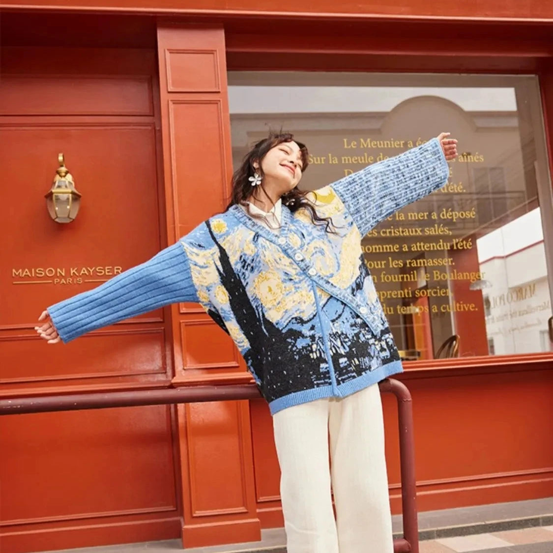 Van Gogh's collaboration "Starry Night Flower Sea" Spring and Autumn Women's New Oil Painting Diagonal Button Sweater Coat SKY BLUE