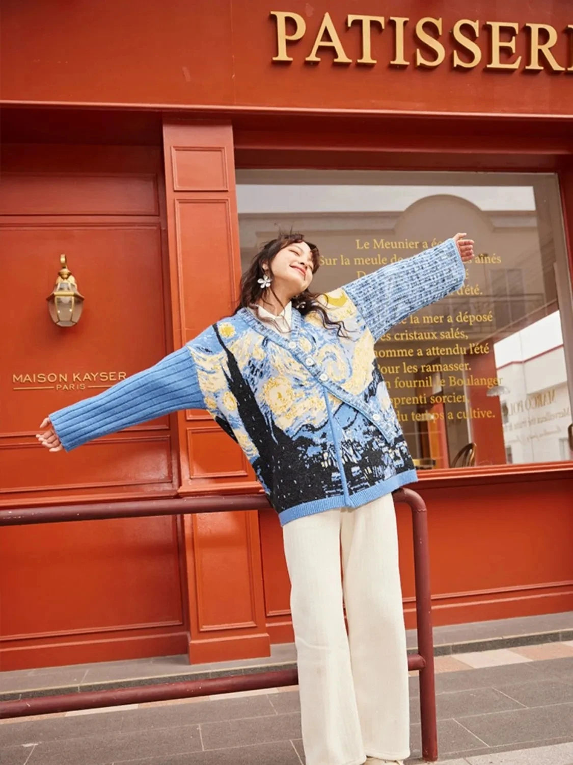 Van Gogh's collaboration "Starry Night Flower Sea" Spring and Autumn Women's New Oil Painting Diagonal Button Sweater Coat SKY BLUE
