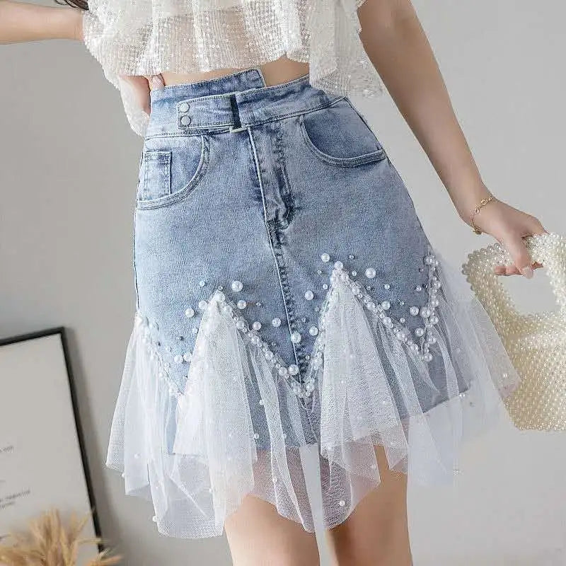 Denim Mini Skirt Women with Shorts Oblique Hem Tassel Summer 2024 Korean Fashion Streetwear Jean Skort Stylish Night Club Outfit 6