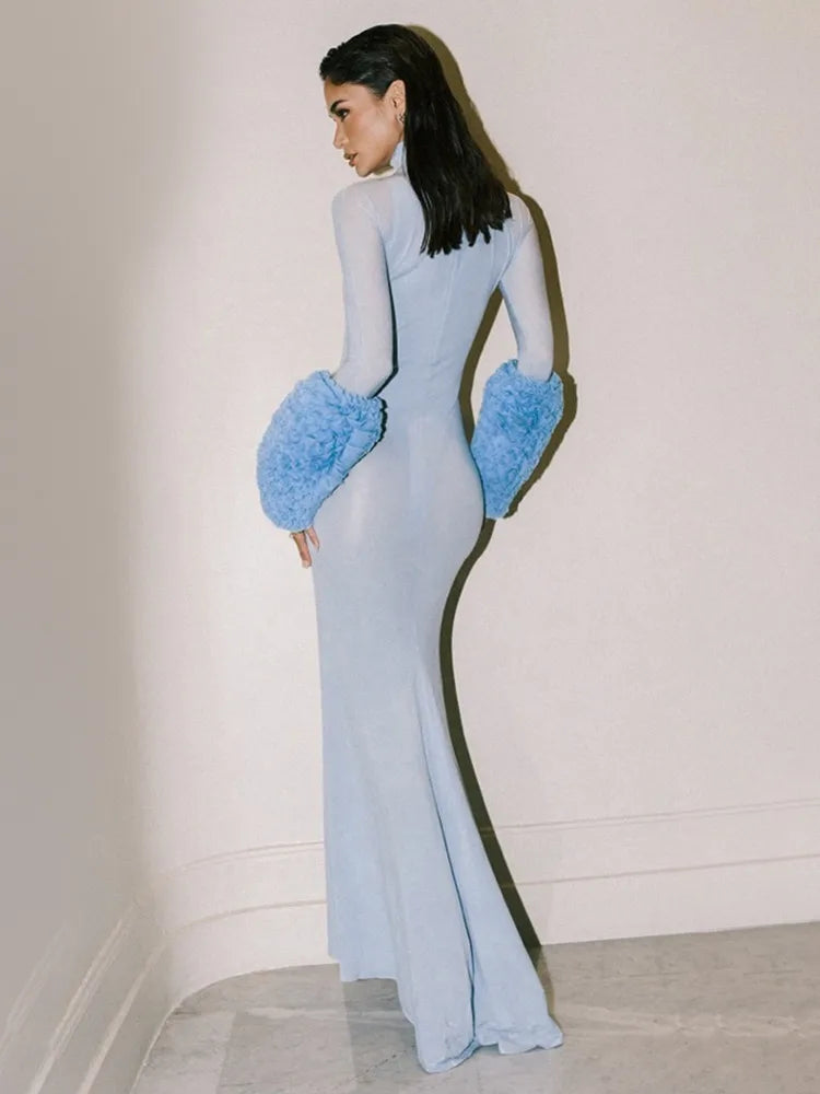 Women Celebrity Sexy Long Sleeve Mesh Sky Blue Maxi Long Bodycon Dress 2024 Elegant Evening Club Party Outfit