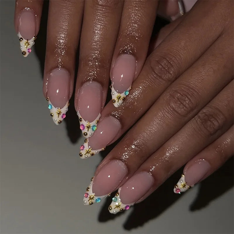 24pcs Leopard Print Almond Fake Press on Nails with Mini Flower Acrylic Fake Nails Retro Sweet Cool Design Press Ons French Nail