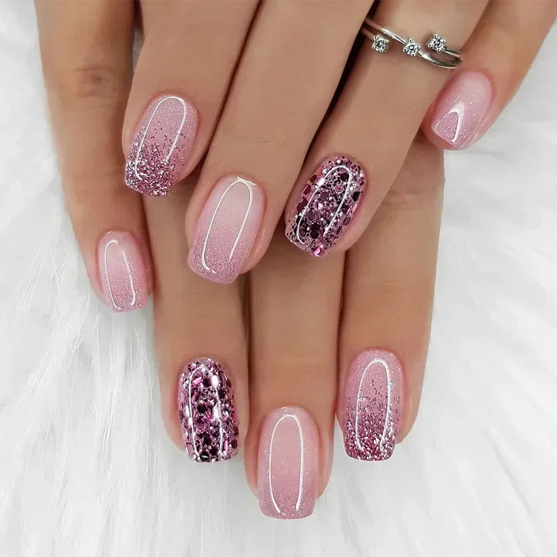 24 peças unhas postiças quadradas curtas médias brilhantes arte de unha branca usável unha postiça prateada francesa cobertura total pressione pontas de unhas