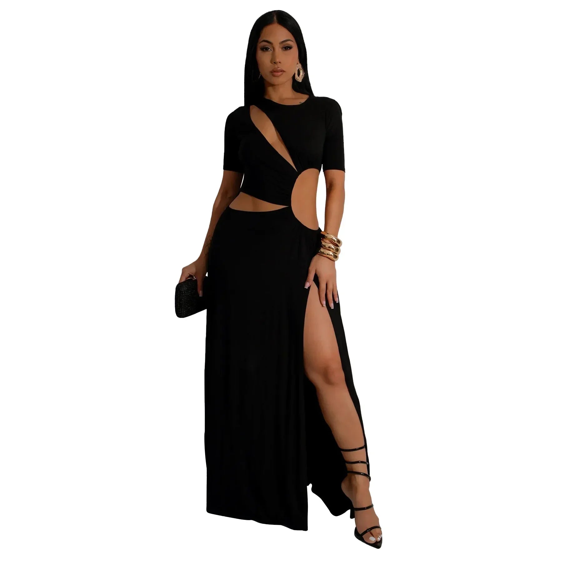 CM.YAYA Women O-neck High Split Ruched Bodycon Midi Maxi Dress 2024 Fall Street Evening Party Club Vestidos Sexy Long Dresses