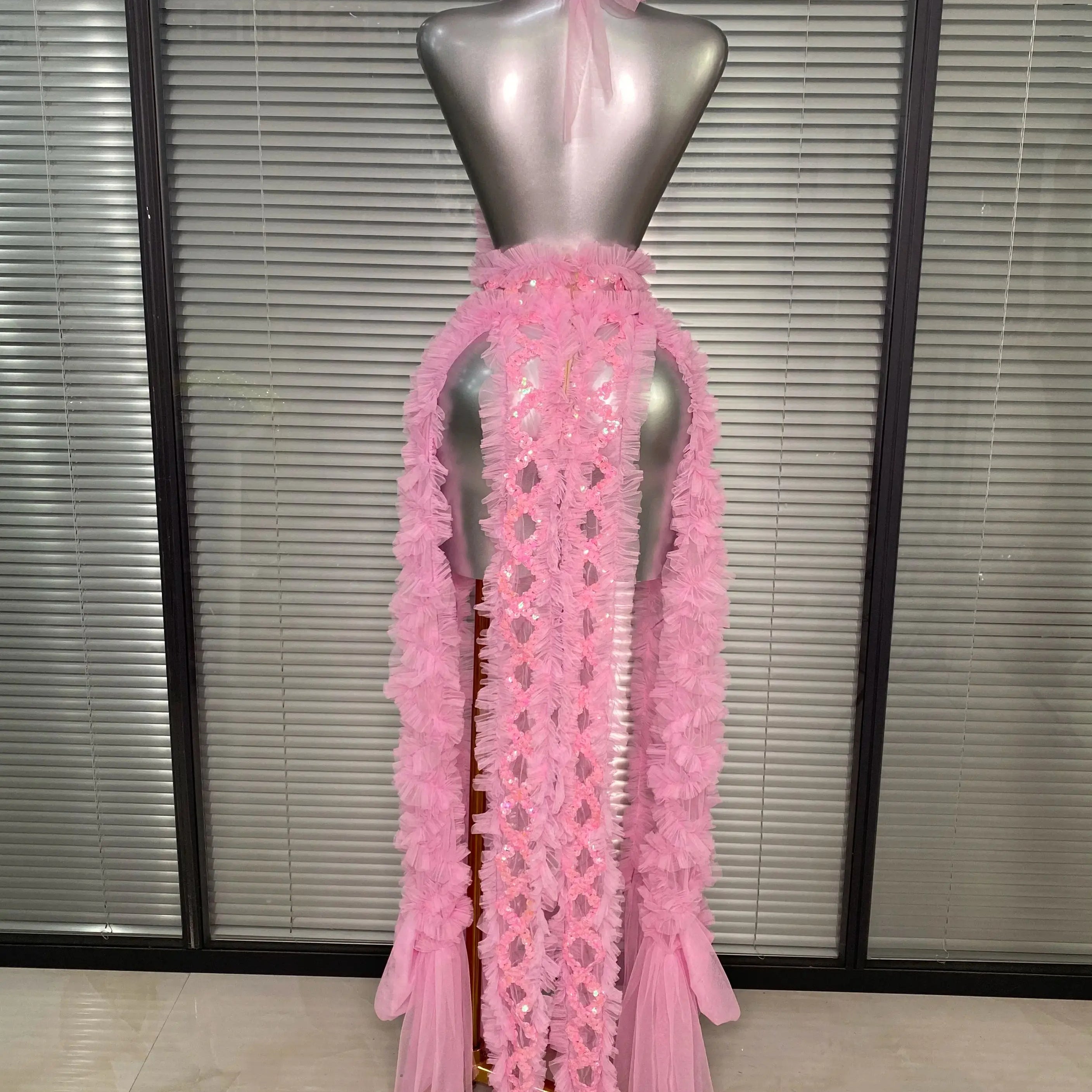 Ins New Women Sexy See Through Sequins Sparkly Red Pink Long Maxi Dress Party Costume Singer Stage Performance Dress