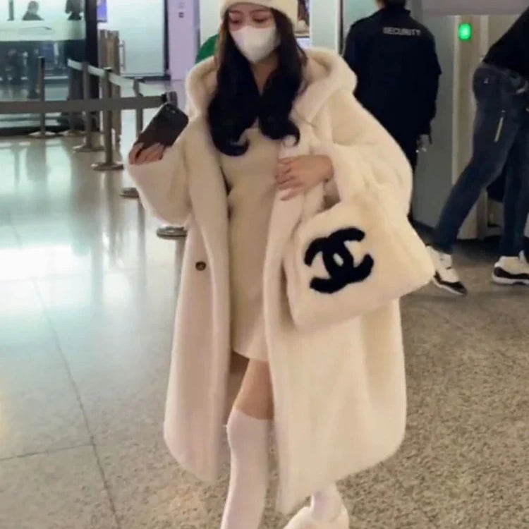 Winter High Quality Long Oversized White Thick Warm Teddy Bear Coat Women with Hood Loose Casual Korean Fashion 2023