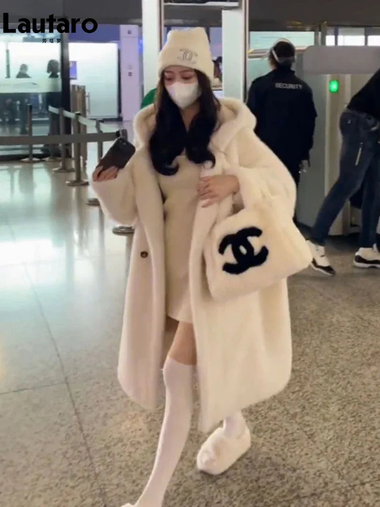 Winter High Quality Long Oversized White Thick Warm Teddy Bear Coat Women with Hood Loose Casual Korean Fashion 2023