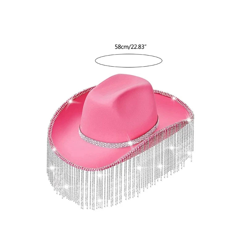 Rhinestones Cowgirl Hats Glitter Rave Cow Girl Hat with Rhinestones Fringe Adult Size Cowboy Hat for Party 3 Color