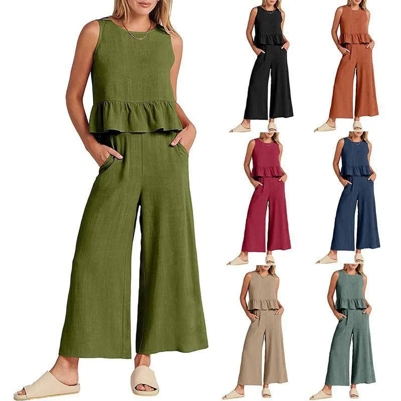 Women's S-3XL  plus size Summer women's pleated sleeveless vest with wide leg straight leg cropped pants casual set