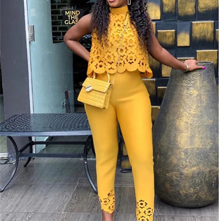 Wmstar Women Two Piece Set Plus Size Summer Fashion Sleeveless Casual Outfits Solid Color Holiday Long Pants Office Streetwear