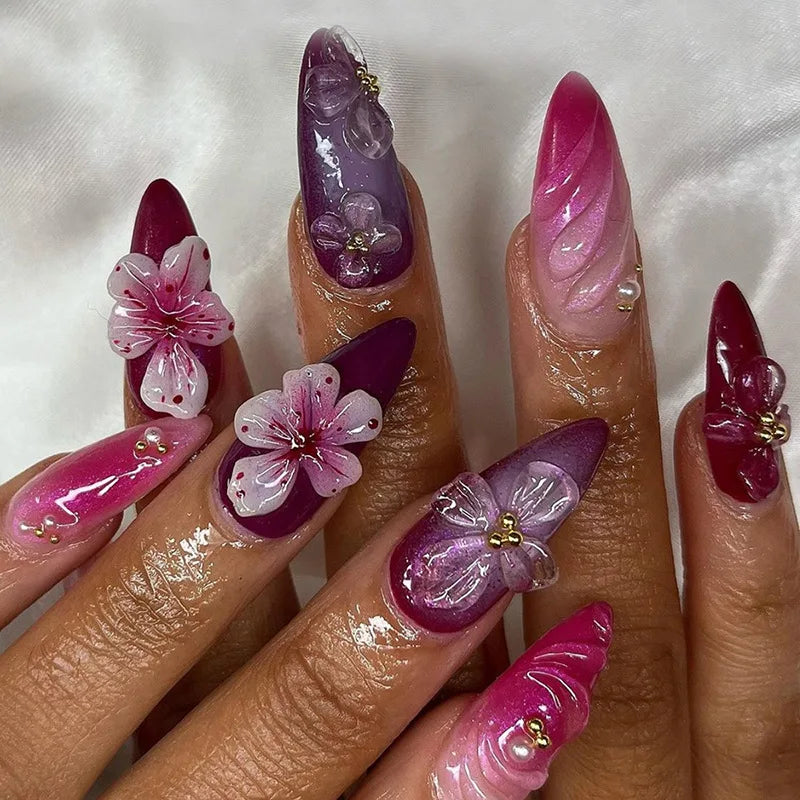 24pcs Flower Printed Fake Nail Tips INS Gradient Color Short Almond False Nails for Women Wearable European Press on Nails