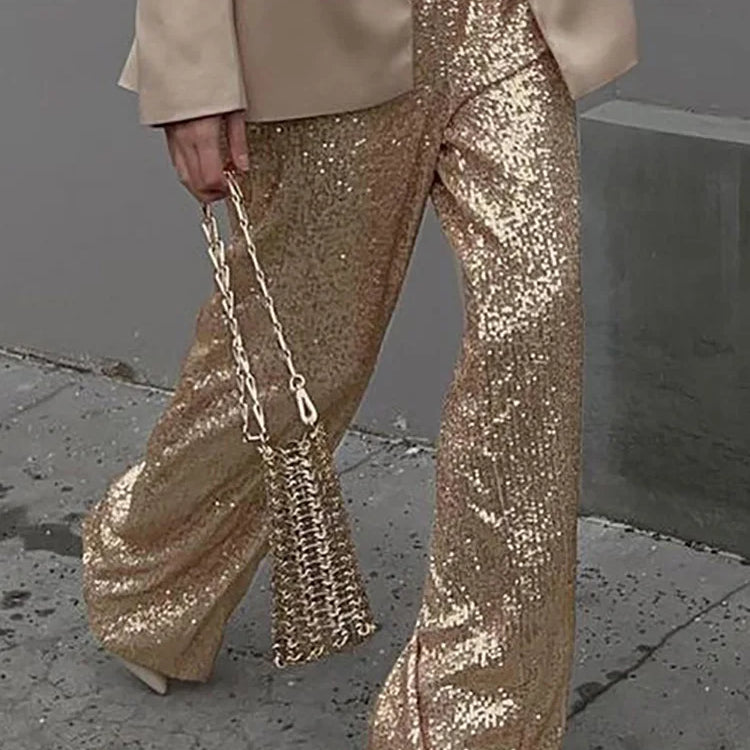 Elastic Waist Patchwork Sequined Trousers Women Loose Fit Streetwear Long Pants Chic Lady Spring Summer Straight Pants New
