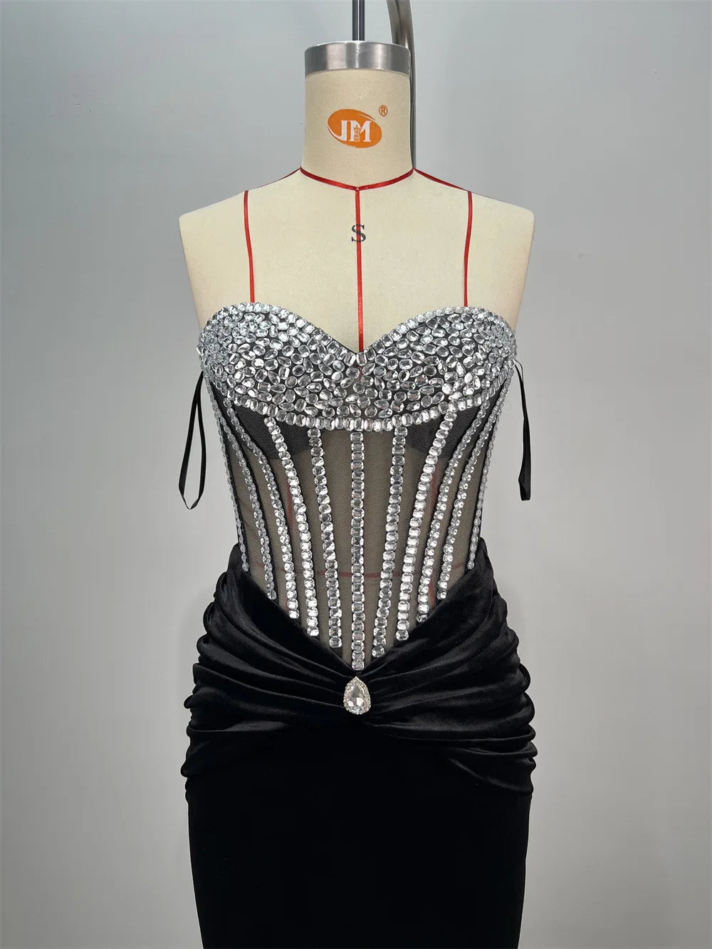 New Luxury Diamonds Sexy Mesh See Through Black Velvet Strapless Floor Length Dress Celebrity Party Dress Birthday Vestido